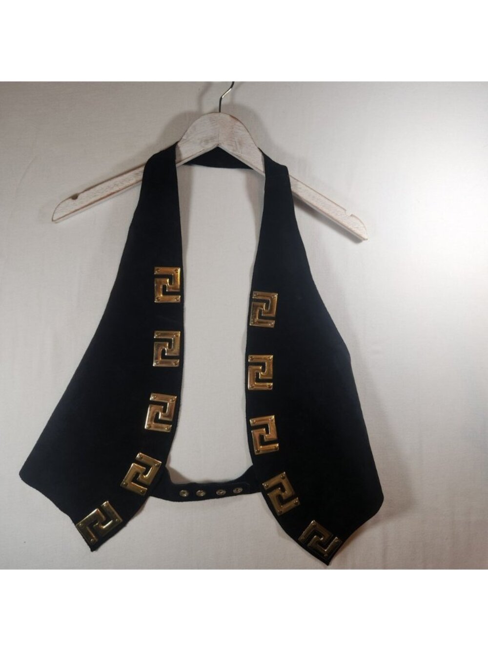 Vintage Suede‎ Halter Vest Gold Greek Key Hardware Open Back Genuine leather